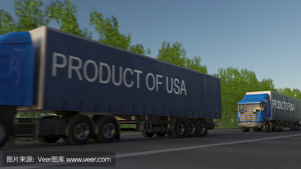 移动拖车上标有“美国产品”说明的货运半挂车。道路货物运输。三维渲染